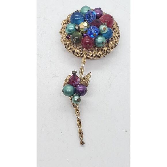 Vintage Ornate Flower Brooch Gold Filigree Beads Faux Pearl Rhinestone Haskell ? - Picture 10 of 11